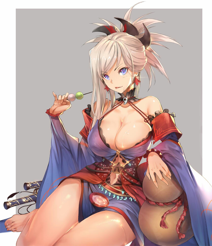 1girl :p bare_shoulders barefoot blue_eyes breasts cleavage earrings error fate/grand_order fate_(series) food jewelry khanshin large_breasts long_hair looking_at_viewer magatama miyamoto_musashi_(fate/grand_order) navel pink_hair solo takoyaki thighs tongue tongue_out wrong_feet