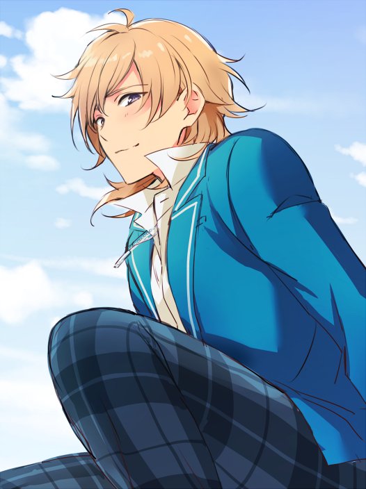 1boy blazer blush brown_hair clouds cm10th ensemble_stars! hakaze_kaoru jacket looking_at_viewer male_focus pants plaid plaid_pants popped_collar school_uniform sitting sky smile solo violet_eyes