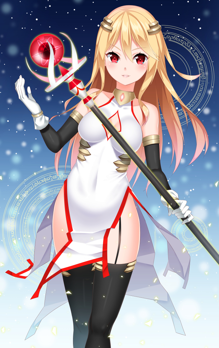 1girl bare_shoulders black_legwear blonde_hair china_dress chinese_clothes cleavage_cutout covered_navel dress elbow_gloves garter_straps gloves hair_ornament long_hair looking_at_viewer magic_circle original parted_lips pelvic_curtain red_eyes solo staff thigh-highs white_gloves yasuto_(eria151)