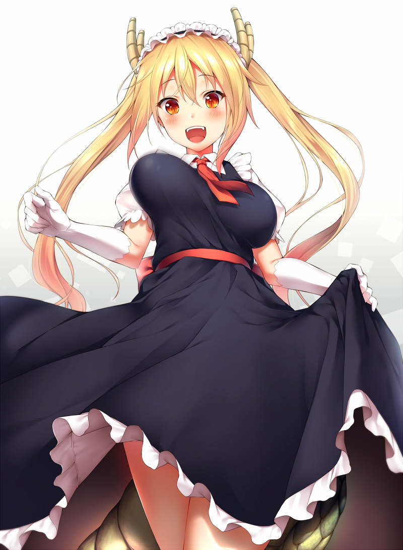 1girl blonde_hair bouncing_breasts breasts dragon_girl dragon_tail frills gradient_hair horns kobayashi-san_chi_no_maidragon large_breasts long_hair looking_at_viewer maid maid_headdress motion_blur multicolored_hair necktie open_mouth orange_hair puffy_short_sleeves puffy_sleeves red_eyes short_sleeves slit_pupils smile solo tail taut_clothes tooru_(maidragon) twintails very_long_hair yomono