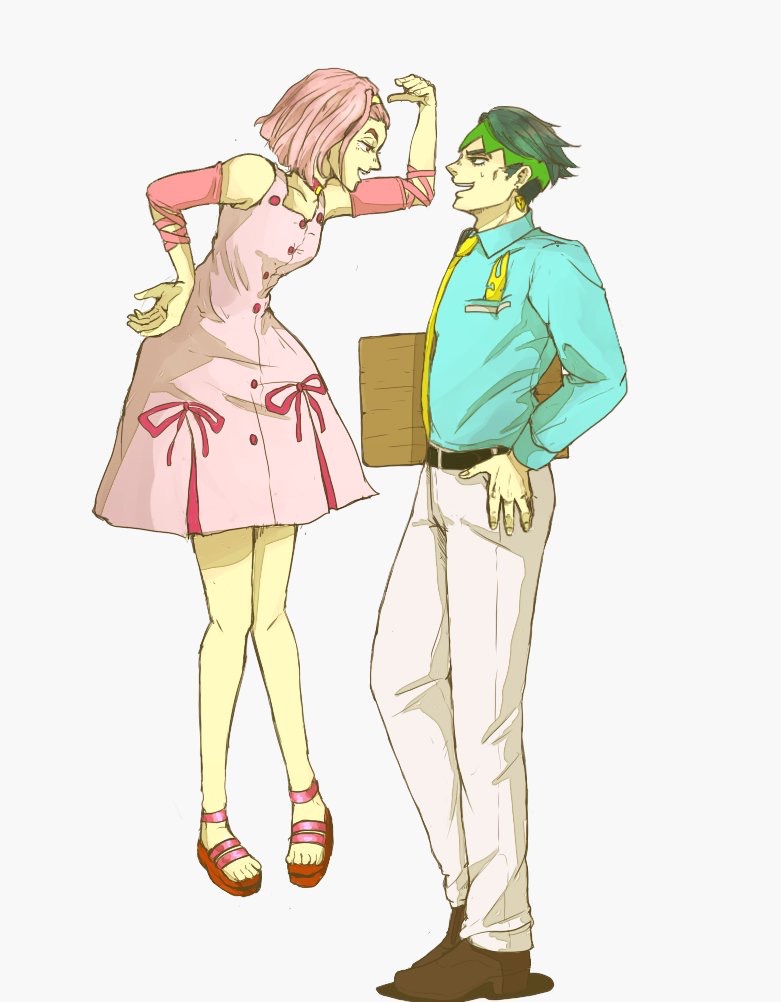 1boy 1girl arm_warmers choker collared_shirt diamond_wa_kudakenai dress earrings green_eyes green_hair hairband hand_on_hip headband ino_(iinnoo5566) jewelry jojo_no_kimyou_na_bouken kishibe_rohan levitation necktie open_mouth pink_dress pink_eyes pink_hair portfolio ribbon sandals shirt smile sugimoto_reimi sweatdrop