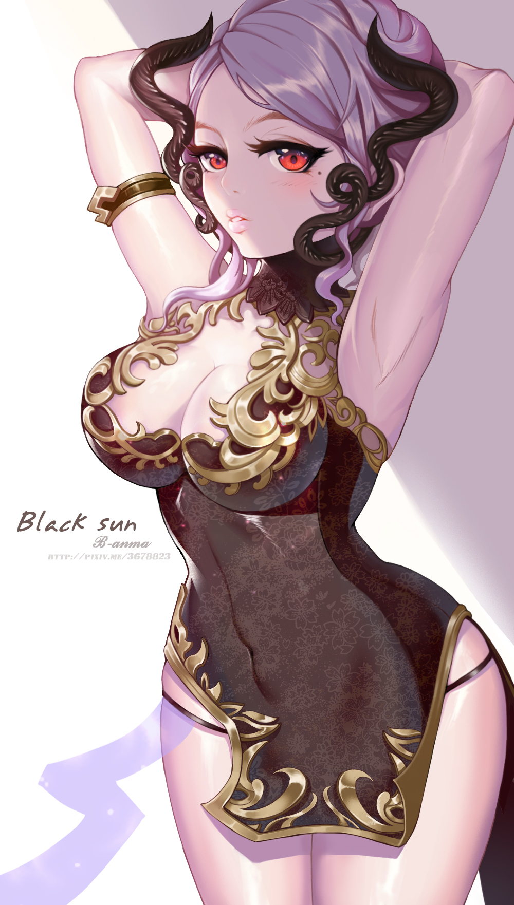 1girl armlet armpits arms_behind_head b-anma black_panties blade_&amp;_soul blush breasts china_dress chinese_clothes cleavage cleavage_cutout covered_navel cowboy_shot dress eyelashes highres horns lips looking_at_viewer medium_breasts mole mole_under_eye panties parted_lips pelvic_curtain red_eyes short_dress silver_hair solo underwear