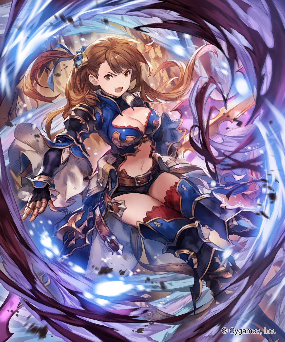 1girl beatrix_(granblue_fantasy) breasts brown_eyes brown_hair cleavage gloves granblue_fantasy highres large_breasts lee_hyeseung long_hair looking_at_viewer navel open_mouth ponytail solo thigh-highs