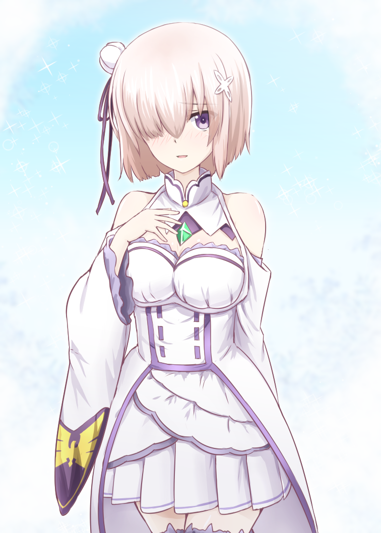 1girl alternate_costume bangs bare_shoulders blonde_hair blush breasts cosplay diamond diesel-turbo dress emilia_(re:zero) emilia_(re:zero)_(cosplay) fate/grand_order fate_(series) flower hair_flower hair_ornament hair_over_one_eye hair_ribbon looking_at_viewer open_mouth pink_hair purple_legwear re:zero_kara_hajimeru_isekai_seikatsu ribbon seiyuu_connection shielder_(fate/grand_order) short_hair solo takahashi_rie thigh-highs violet_eyes wide_sleeves