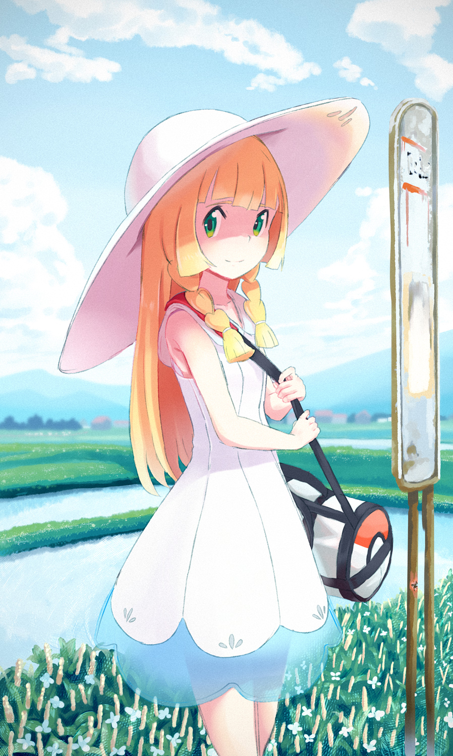 1girl bag bangs bare_arms bare_shoulders blonde_hair blue_sky blunt_bangs braid closed_mouth clouds cloudy_sky collarbone collared_dress day dress duffel_bag green_eyes handbag hat highres lillie_(pokemon) long_hair looking_at_viewer outdoors poke_ball_theme pokemon pokemon_(game) pokemon_sm see-through sign sky sleeveless sleeveless_dress smile solo standing sun_hat sundress tadano_omake twin_braids white_dress white_hat