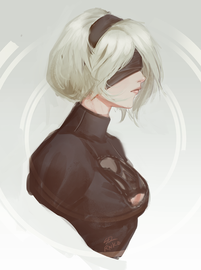 1girl black_hairband black_shirt blindfold breasts cleavage_cutout closed_mouth commentary duplicate from_side hairband medium_breasts nier_(series) nier_automata nose portrait profile puffy_short_sleeves puffy_sleeves raikoart shirt short_hair short_sleeves signature silver_hair solo turtleneck yorha_no._2_type_b