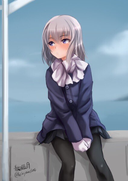 1girl artist_name bangs black_legwear black_skirt blue_coat blue_eyes blush closed_mouth clouds cloudy_sky girls_und_panzer gloves haruhata_mutsuki itsumi_erika long_hair long_sleeves looking_away looking_to_the_side miniskirt pantyhose pleated_skirt scarf school_uniform signature silver_hair sitting skirt sky solo twitter_username v_arms white_gloves white_scarf winter_clothes