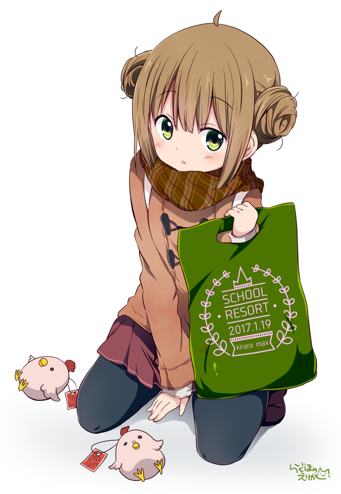 1girl 2017 :3 ahoge artist_name bangs bird black_legwear blush brown_coat brown_hair brown_scarf brown_skirt cat chick coat copyright_name dated double_bun duffel_coat eyebrows_visible_through_hair green_eyes holding_bag kneeling looking_at_viewer ootani_nyuu pantyhose parted_lips plaid plaid_scarf pleated_skirt ragho_no_erika scarf signature simple_background skirt solo stuffed_animal stuffed_chicken stuffed_toy sukurizo! tareme white_background year_of_the_rooster