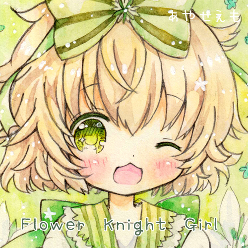 1girl ;d artist_name blonde_hair blush bow close-up copyright_name emo_(mikan) face flower flower_knight_girl green_background green_bow green_eyes hair_bow hakobera_(flower_knight_girl) looking_at_viewer lowres messy_hair one_eye_closed open_mouth short_hair smile solo striped striped_bow traditional_media watercolor_(medium)