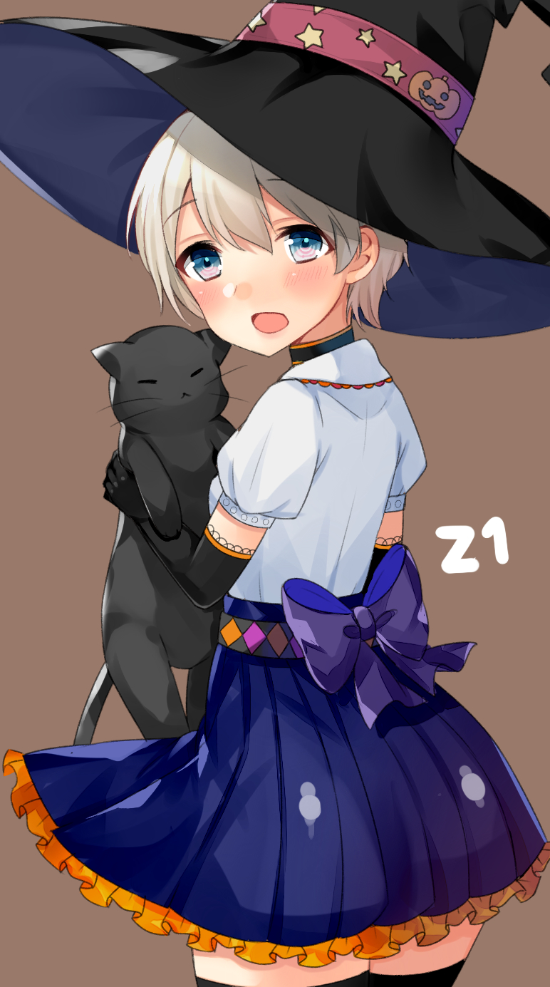 1girl :&lt; =_= bangs black_gloves black_legwear blonde_hair blue_eyes blue_skirt blush brown_background character_name collar elbow_gloves eyebrows_visible_through_hair frilled_skirt frills from_behind gloves hair_between_eyes halloween hat high-waist_skirt highres holding_cat kantai_collection looking_at_viewer looking_back nan_(jyomyon) open_mouth pleated_skirt short_hair simple_background skirt smile solo thigh-highs witch_hat z1_leberecht_maass_(kantai_collection)