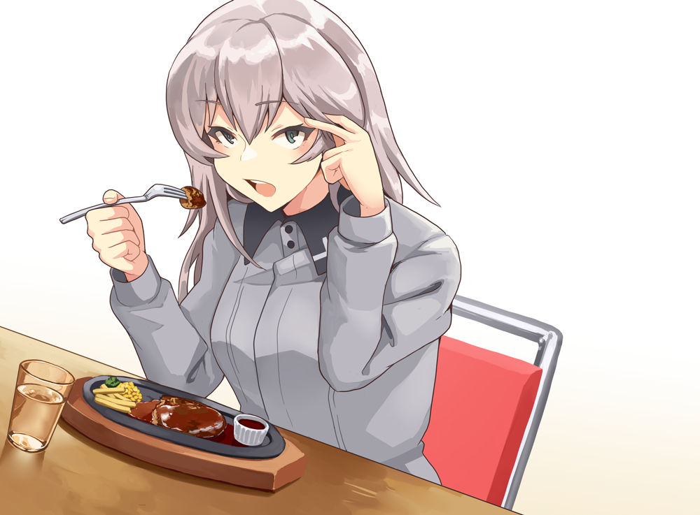 1girl akaneyu_akiiro blue_eyes chair eating fork girls_und_panzer glass hamburger_steak holding itsumi_erika long_hair looking_at_viewer open_mouth silver_hair simple_background solo table water white_background