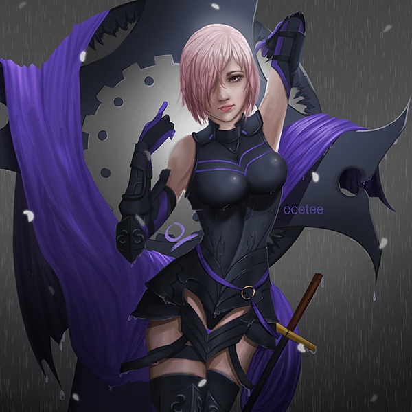 1girl arm_up armor armored_dress armpits bare_shoulders breasts cowboy_shot cropped fate/grand_order fate_(series) hair_over_one_eye noct_oct oct_gozali purple_hair shield shielder_(fate/grand_order) short_hair solo violet_eyes