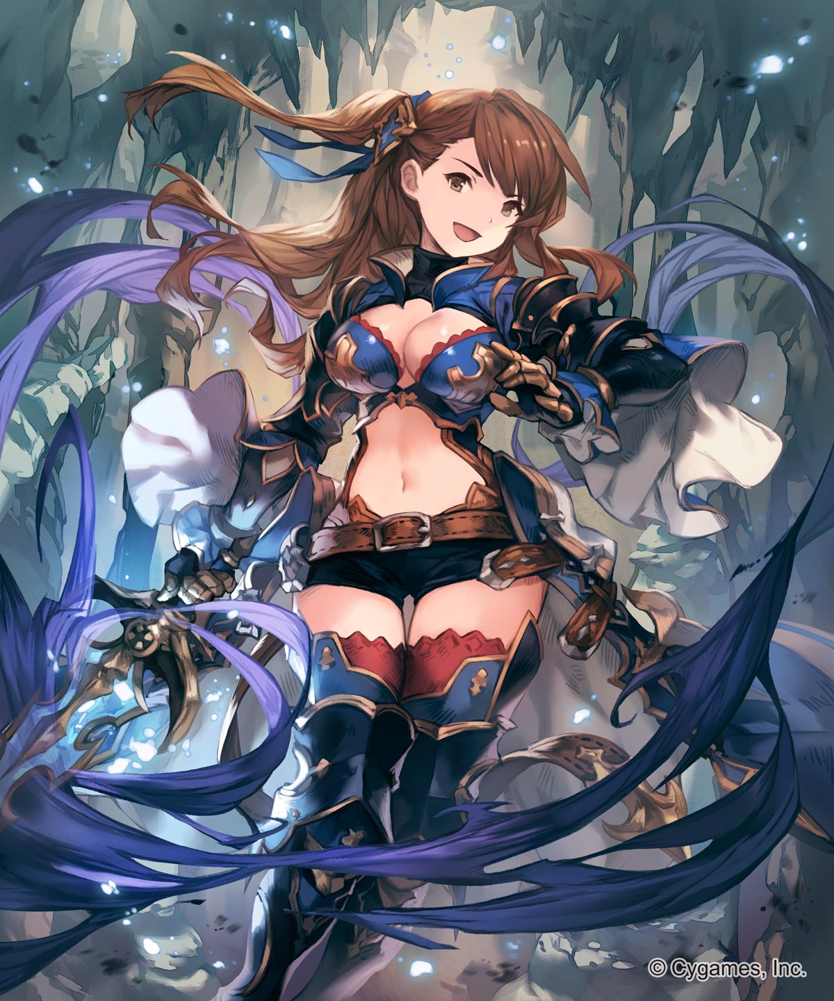 1girl beatrix_(granblue_fantasy) breasts brown_eyes brown_hair cleavage gloves granblue_fantasy highres large_breasts lee_hyeseung long_hair looking_at_viewer navel open_mouth ponytail solo thigh-highs