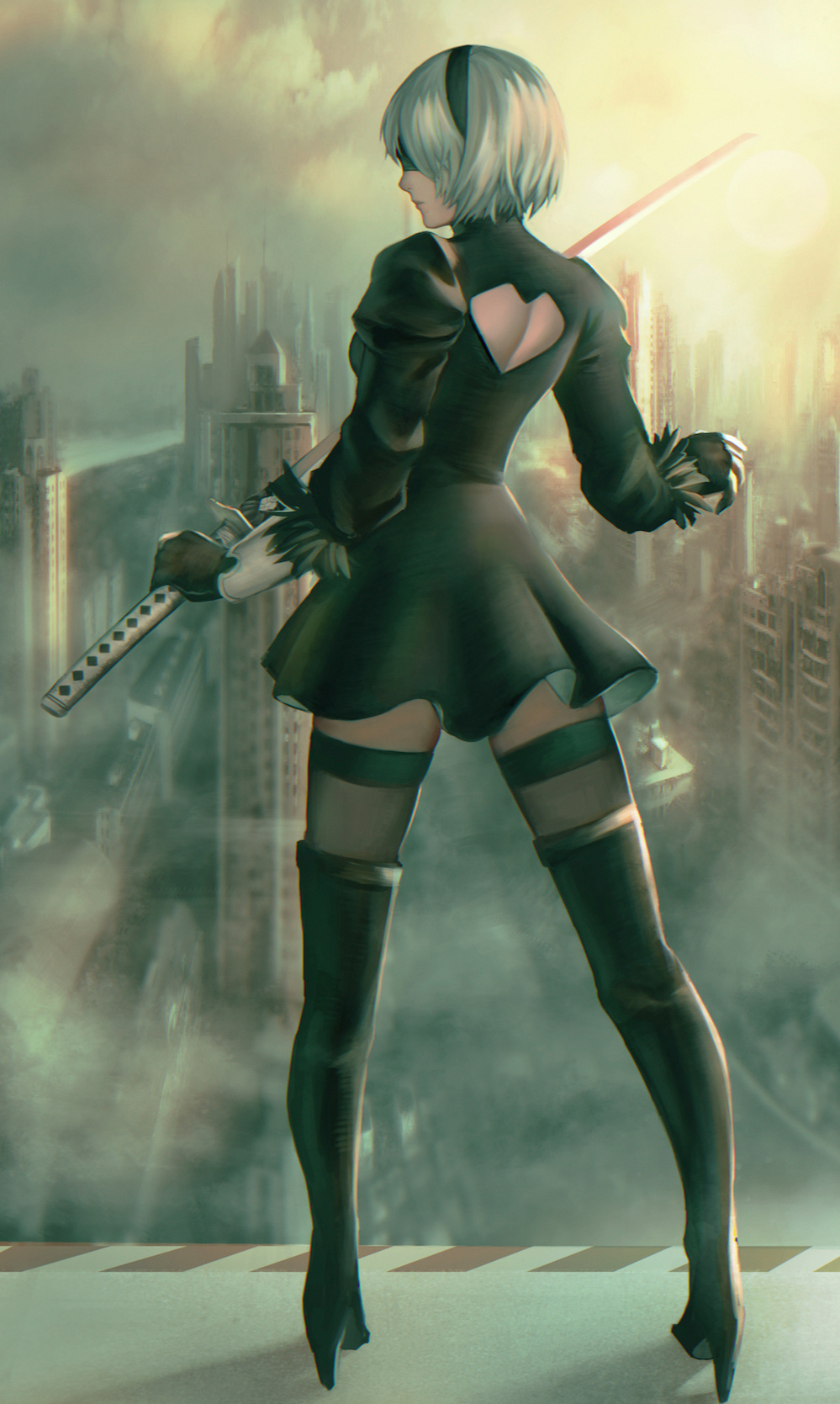 1girl back_cutout black_boots black_dress black_gloves black_legwear blindfold boots covered_eyes dress fingerless_gloves full_body gloves headband heart_cutout high_heels highres holding holding_sword holding_weapon long_sleeves nier_(series) nier_automata outdoors profile quest_(artist) short_hair silver_hair solo sword thigh-highs thigh_boots thighhighs_under_boots weapon yorha_no._2_type_b zettai_ryouiki