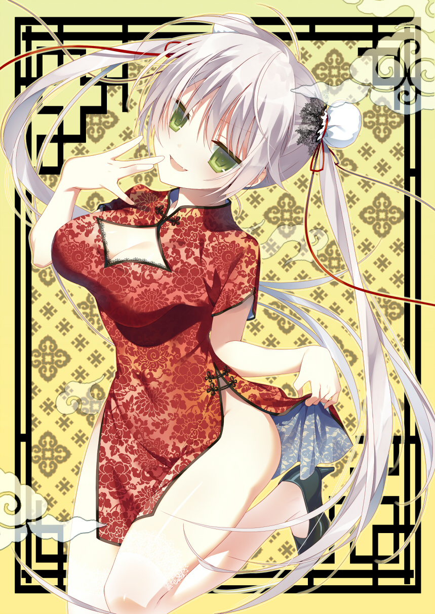 1girl bangs breasts center_opening china_dress chinese_clothes cleavage double_bun dress dress_lift eyebrows_visible_through_hair fang finger_to_mouth floating_hair green_eyes grey_hair hair_between_eyes high_heels highres lace-trimmed_legwear long_hair looking_at_viewer original parted_lips pelvic_curtain solo standing standing_on_one_leg thigh-highs thighs twintails white_legwear yoruneko