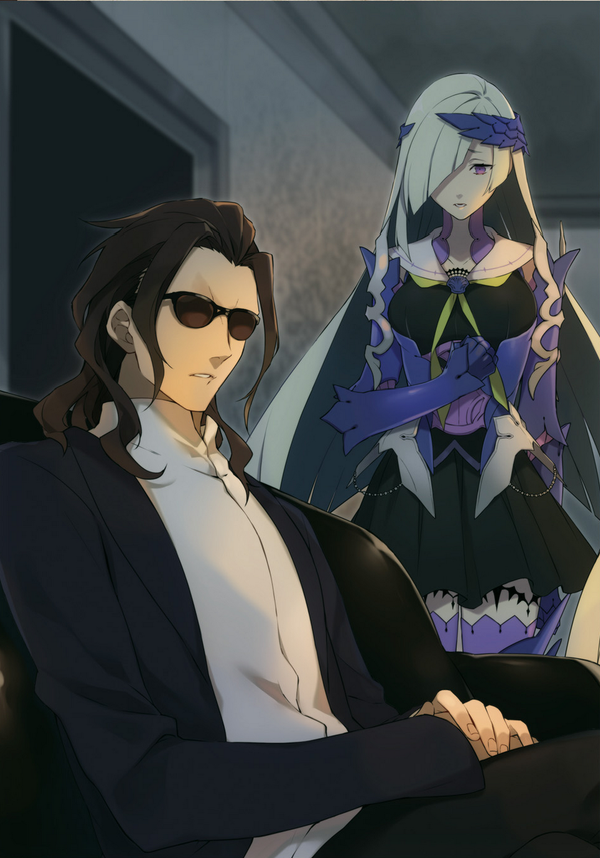 1boy 1girl armor dark_skin fate/prototype fate/prototype:_fragments_of_blue_and_silver fate_(series) lancer_(fate/prototype_fragments) long_hair nakahara_(mu_tation) official_art ponytail short_hair sunglasses thigh-highs very_long_hair violet_eyes