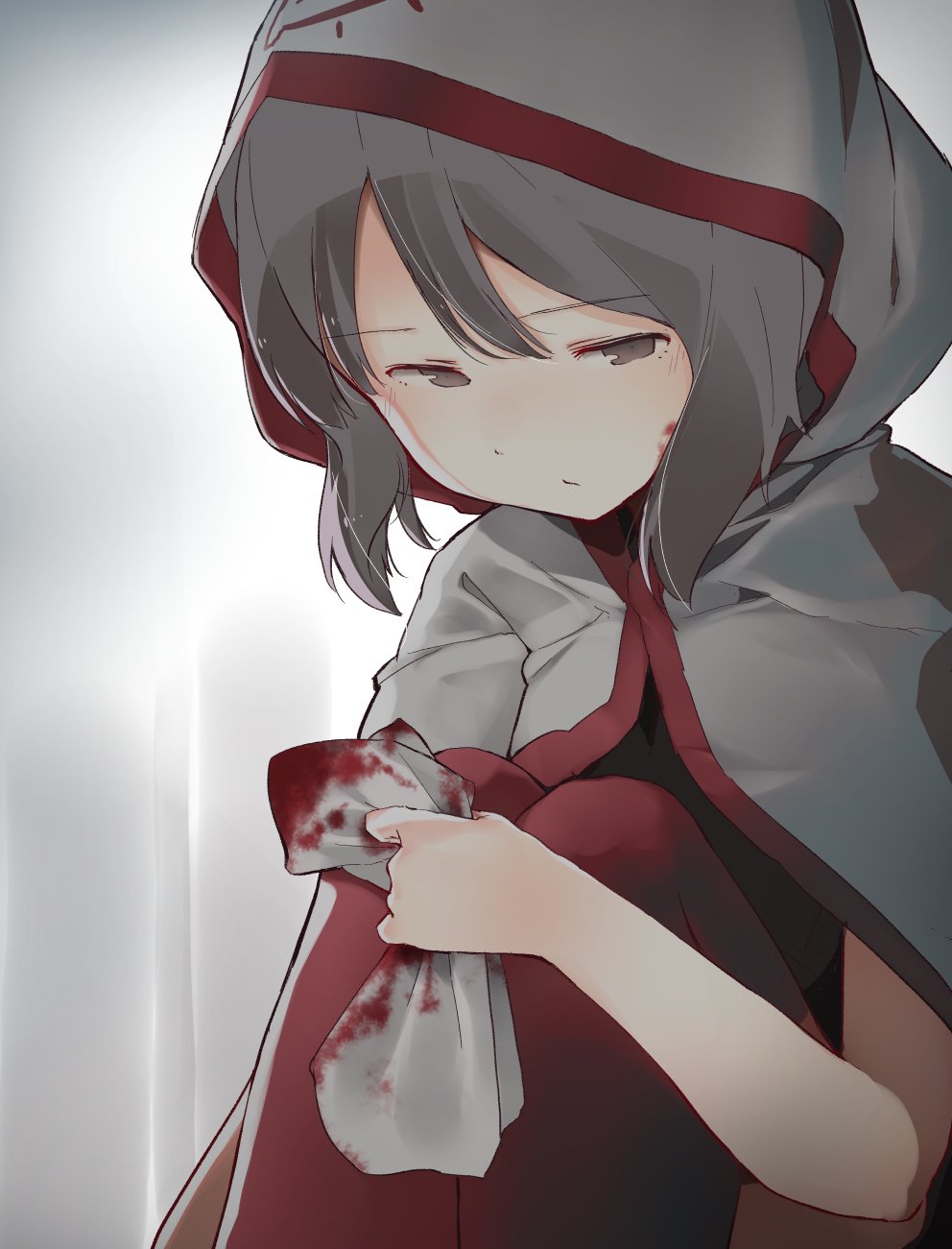 1girl bangs black_eyes black_hair blood closed_mouth commentary eyebrows_visible_through_hair fetal_position fuu_fuu grey_background hair_between_eyes highres holding hood_up kaho_(momodora) looking_away momodora:_reverie_under_the_moonlight red_legwear solo thigh-highs