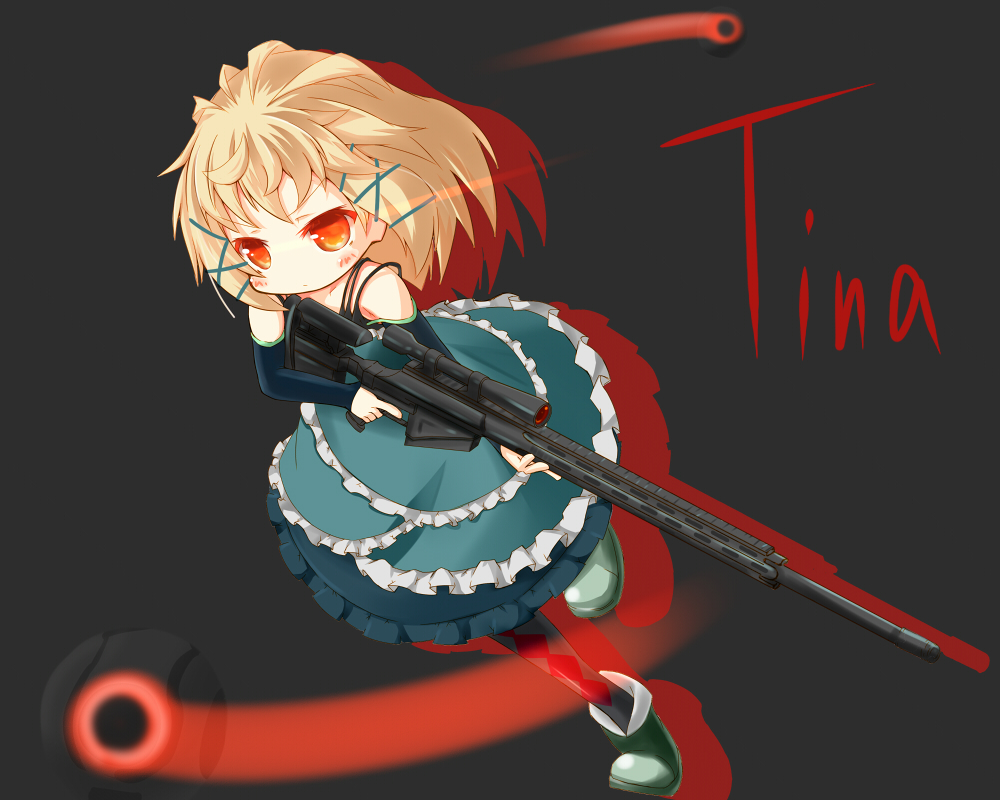 1girl :/ argyle argyle_legwear bare_shoulders black_background black_bullet blonde_hair blush boots character_name closed_mouth detached_sleeves dress frills full_body green_boots gun holding holding_gun holding_weapon leg_up long_sleeves orange_eyes pantyhose rifle silhouette simple_background sniper_rifle solo ten_usagi tina_sprout trigger_discipline weapon