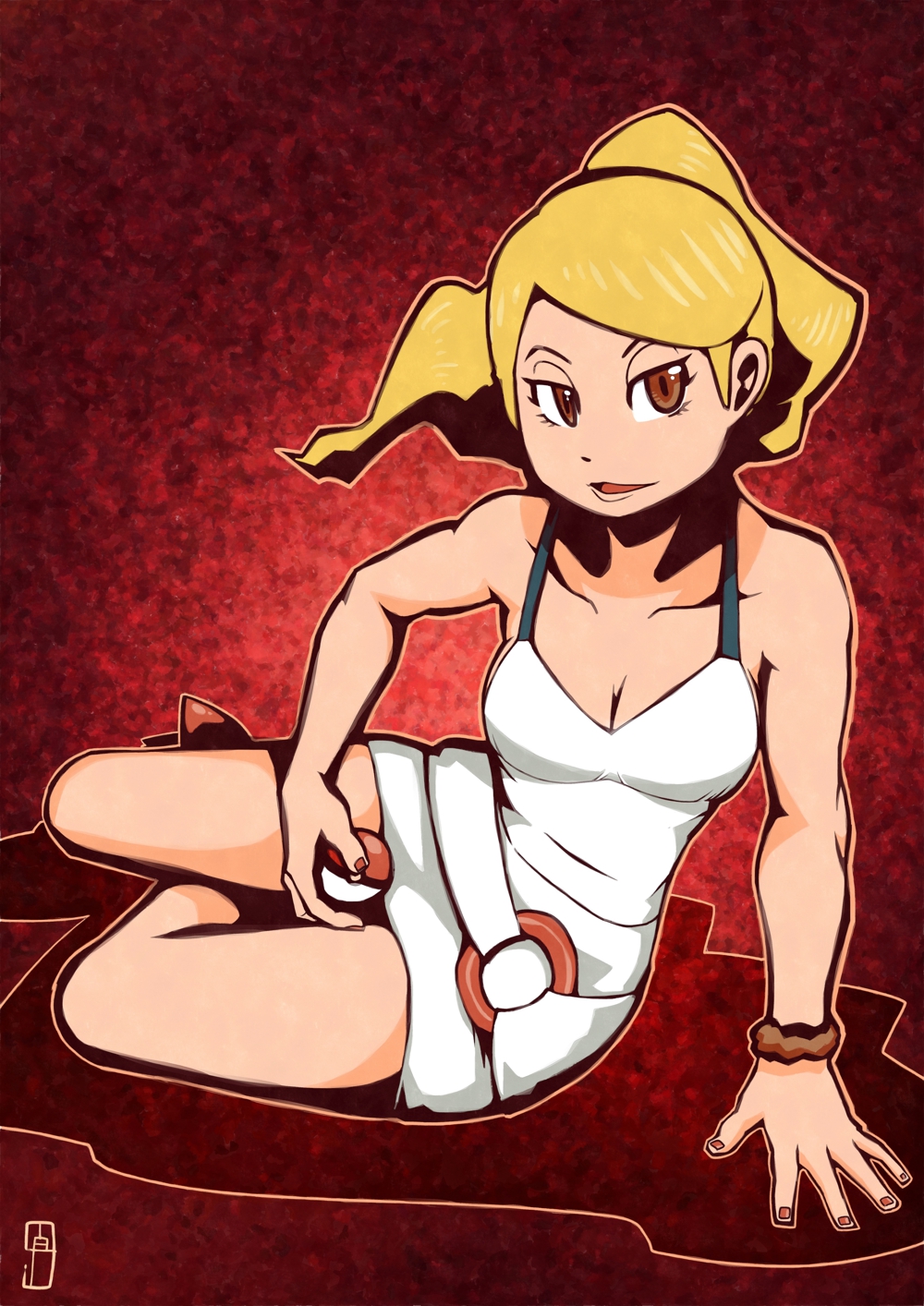 1girl bangs bare_arms bare_legs bare_shoulders beauty_(pokemon) blonde_hair breasts brown_eyes chawalit_adsawawalanon cleavage collarbone commentary dress eyelashes fingernails high_ponytail highres holding holding_poke_ball long_hair looking_away looking_to_the_side lying npc npc_trainer on_side open_mouth parted_bangs poke_ball pokemon pokemon_(game) pokemon_sm red_background red_shoes shoes short_dress solo tongue white_dress wristband