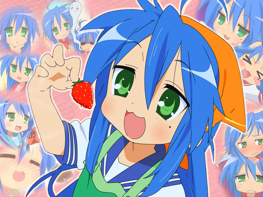 1girl 6+girls apron blue_hair green_eyes headscarf izumi_konata lucky_star open_mouth sailor_uniform school_uniform solo strawberry tagme very_long_hair wallpaper