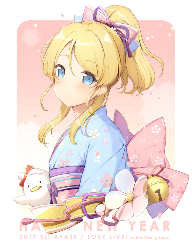 1girl 2017 6u_(eternal_land) ayase_eli bell bird blonde_hair blue_eyes bow character_name cherry_blossoms copyright_name earrings flower from_side hair_bow happy_new_year japanese_clothes jewelry jingle_bell kimono light_blush looking_at_viewer love_live! love_live!_school_idol_project minami_kotori_(bird) nengajou new_year obi ponytail sash sidelocks upper_body