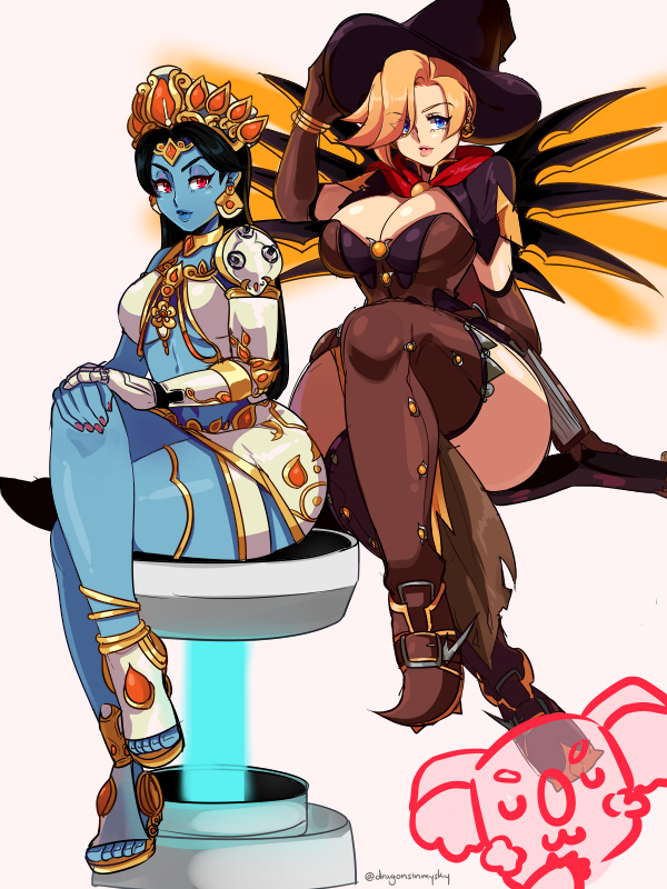 2girls alternate_costume black_hair blonde_hair blue_eyes blue_skin boots breasts broom broom_riding cape choker cleavage cyborg d-ryuu earrings eyeshadow forehead_jewel full_body goddess_symmetra grey_lipstick halloween_costume hat headdress jewelry large_breasts legs_crossed lips long_hair looking_at_viewer makeup mechanical_arm mechanical_wings medium_breasts mercy_(overwatch) mudra multiple_girls overwatch revision short_hair sitting symmetra_(overwatch) thick_thighs thigh-highs thigh_boots thighs tiara under_boob vitarka_mudra wings witch_hat witch_mercy