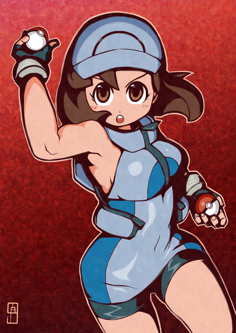 &gt;:o 1girl :o ace_trainer_(pokemon) armpits bare_arms bare_shoulders bike_shorts black_gloves blue_hat blue_shirt blush breasts brown_eyes brown_hair chawalit_adsawawalanon covered_navel cowboy_shot fingerless_gloves fingernails gloves gradient gradient_background hat highres holding holding_poke_ball looking_at_viewer medium_breasts npc npc_trainer open_mouth outline poke_ball pokemon pokemon_(game) pokemon_sm red_background shirt short_hair sideboob sleeveless sleeveless_shirt solo taut_clothes taut_shirt turtleneck visor_cap