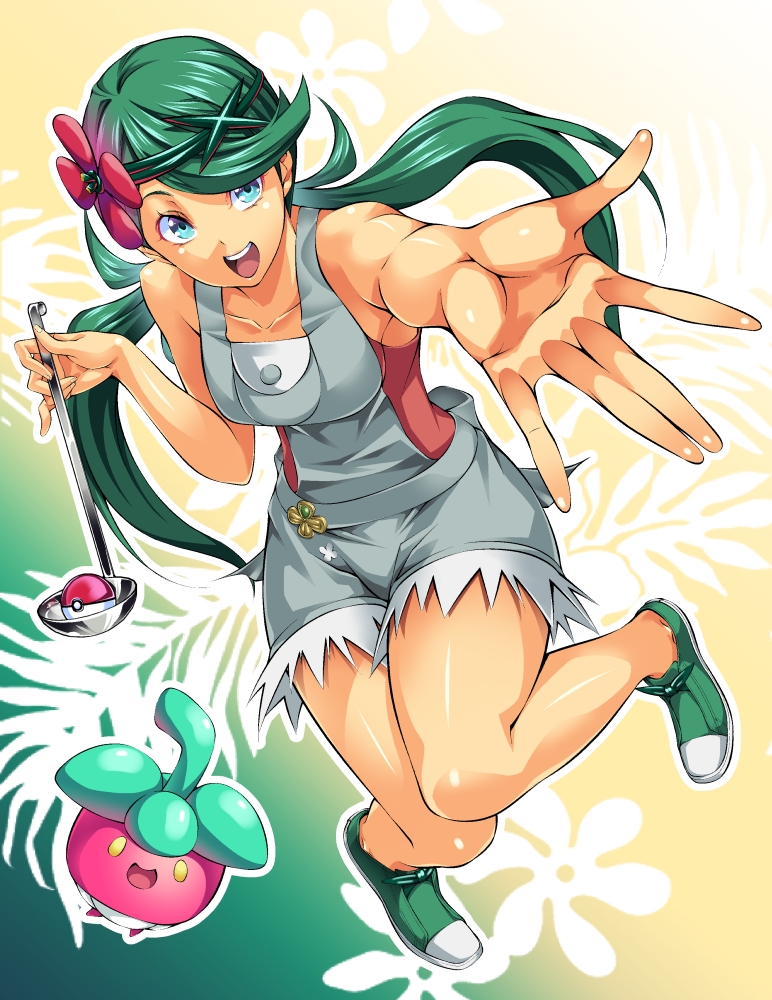 1girl apron armpits artist_request bangs bare_shoulders blue_eyes bounsweet breasts collarbone dark_skin flower flower_on_head full_body green_hair hair_flower hair_ornament happy holding kamura_poke ladle legs mallow_(pokemon) open_mouth pink_shirt poke_ball pokemon pokemon_(game) pokemon_sm reaching_out shirt shoes sleeveless sleeveless_shirt solo swept_bangs teeth thighs twintails