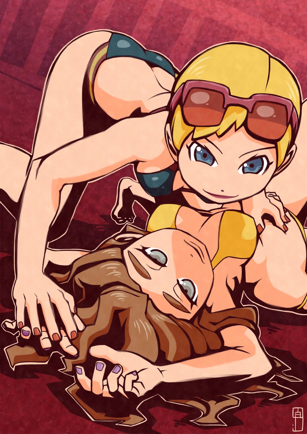 2girls all_fours ass bare_arms bare_legs bare_shoulders bikini black_bikini blonde_hair blue_eyes breasts brown_hair chawalit_adsawawalanon cleavage closed_mouth fingernails grey_eyes half-closed_eyes hand_holding hand_on_another's_stomach highres lipstick long_hair looking_at_viewer lying makeup medium_breasts multiple_girls nail_polish npc npc_trainer on_back outline pokemon pokemon_(game) pokemon_sm purple_nails red_lipstick red_nails short_hair smile sunglasses sunglasses_on_head swimmer_(pokemon) swimmer_(pokemon)_(female) swimsuit very_short_hair what yellow_bikini you_gonna_get_raped