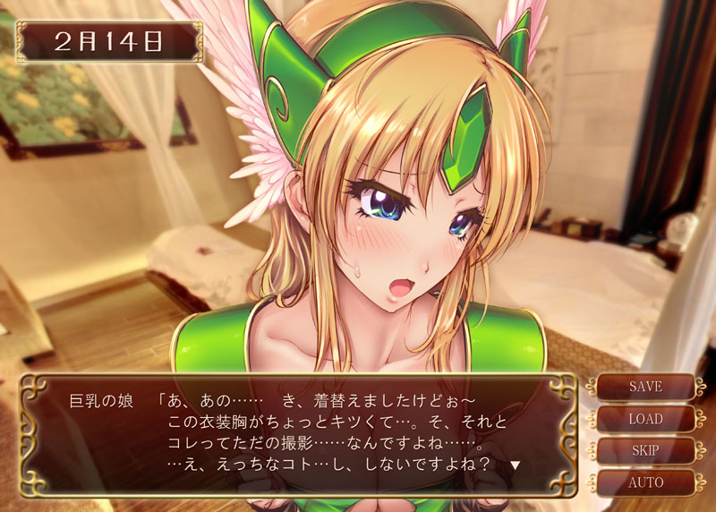 144_(riesztan) 1girl blonde_hair blue_eyes blush breasts fake_screenshot gloves helmet large_breasts long_hair low-tied_long_hair riesz seiken_densetsu seiken_densetsu_3 solo very_long_hair visual_novel winged_helmet