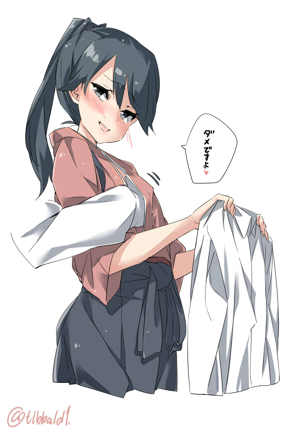 1girl bangs black_eyes black_hair blush collared_shirt cowboy_shot ebifurya eyebrows_visible_through_hair groping hair_between_eyes hakama hand_under_clothes heart highres holding holding_clothes holding_shirt houshou_(kantai_collection) japanese_clothes kantai_collection kimono long_hair looking_to_the_side motion_lines open_mouth ponytail red_kimono shirt simple_background solo_focus speech_bubble spoken_heart tasuki translation_request twitter_username white_background white_shirt