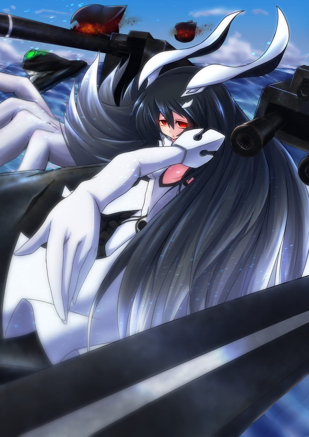 1girl anchorage_water_oni black_hair enemy_aircraft_(kantai_collection) highres horizon horns kantai_collection long_hair looking_at_viewer machinery ocean pale_skin red_eyes shinako shinkaisei-kan turret