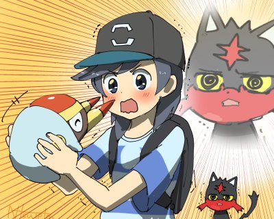 1boy backpack bag bangs baseball_cap black_hair black_hat emphasis_lines grey_eyes grubbin hat litten lowres male_focus male_protagonist_(pokemon_sm) natsuno_hamuto orange_background pokemon pokemon_(creature) pokemon_(game) pokemon_sm shirt short_hair simple_background smile solo striped striped_shirt swept_bangs t-shirt trembling upper_body wavy_mouth