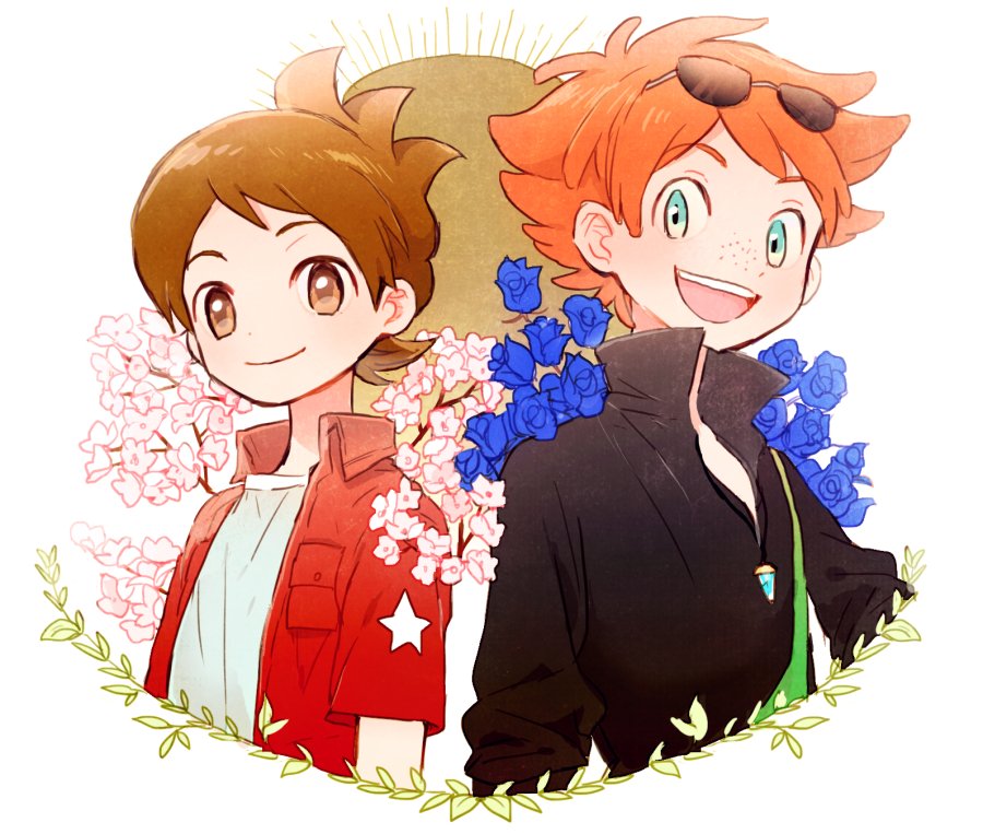 2boys amano_keita american_flag blue_eyes blue_rose brown_eyes brown_hair cherry_blossoms flower freckles japanese_flag jewelry mac_(youkai_watch) male_focus multiple_boys necklace open_clothes open_shirt poko_(ame) popped_collar redhead rose shirt short_hair simple_background smile sunglasses sunglasses_on_head white_background youkai_watch