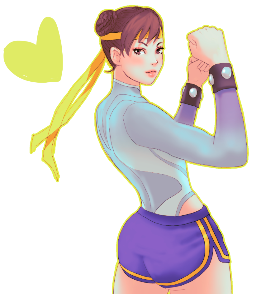 1girl alternate_costume ass brown_eyes brown_hair chun-li clenched_hands double_bun eyebrows from_behind headband heart jaimito lips looking_back short_hair short_shorts shorts solo street_fighter street_fighter_zero_(series) studded_bracelet unitard