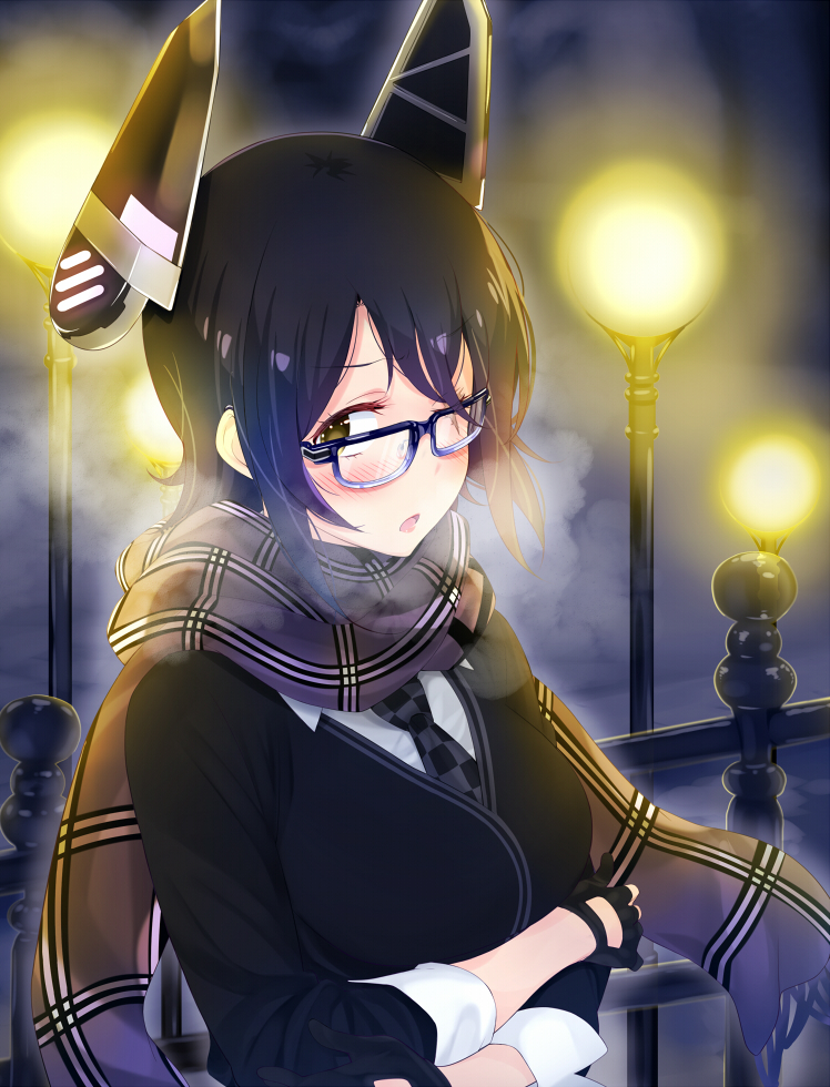 1girl amayu black_gloves blush breath checkered checkered_necktie crossed_arms fence gloves headgear kantai_collection lamppost necktie night open_mouth partly_fingerless_gloves plaid plaid_scarf purple_hair scar scarf short_hair sidelocks solo tenryuu_(kantai_collection) upper_body yellow_eyes