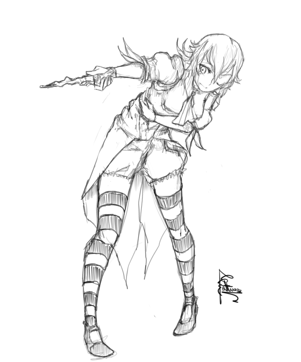 1girl bent_over blouse cravat fatuus greyscale highres holding_stomach lolita_fashion meredith_thorne monochrome one_eye_closed shoes short_hair sketch striped striped_legwear tailcoat thigh-highs waistcoat wand weapon zettai_ryouiki