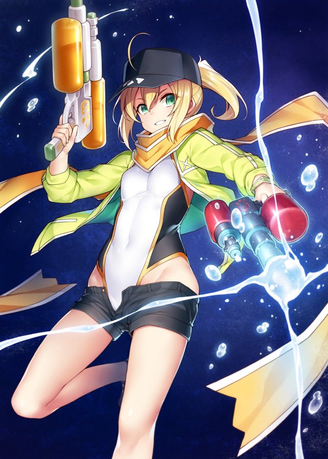 1girl ahoge artoria_pendragon_(swimsuit_archer)_(fate) baseball_cap blonde_hair covered_navel dual_wielding fate/grand_order fate_(series) green_eyes groin hat heroine_x jacket open_clothes open_jacket ponytail saber scarf short_shorts shorts solo swimsuit unbuttoned water water_gun yuu_(amadoki)