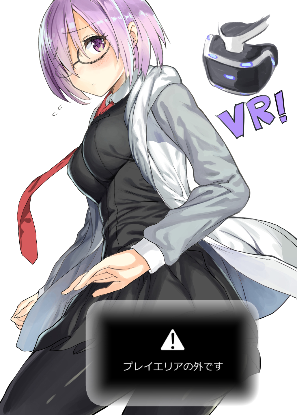1girl blush breasts censored commentary_request eyebrows_visible_through_hair fate/grand_order fate_(series) glasses hair_over_one_eye highres long_sleeves looking_at_viewer medium_breasts necktie outside_of_play_area playstation_vr purple_hair red_necktie shielder_(fate/grand_order) short_hair solo suidengetsu violet_eyes vr_visor