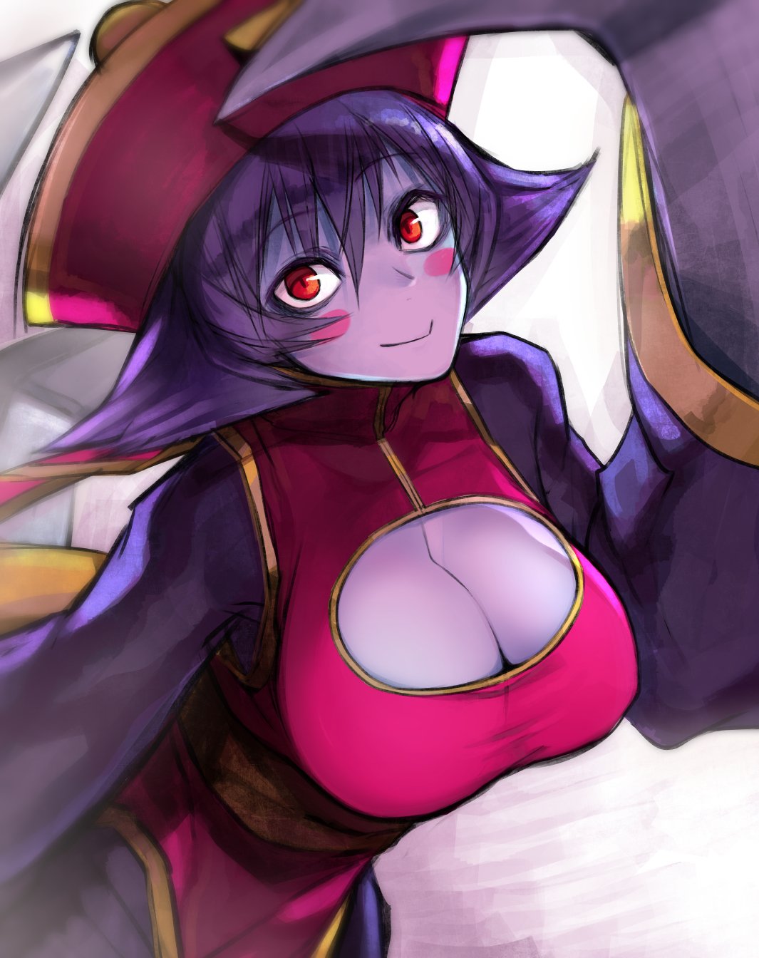 1girl blue_hair blue_skin blush blush_stickers breasts capcom chinese_clothes claws cleavage cleavage_cutout flipped_hair garakuta hat highres jiangshi large_breasts lei_lei ofuda red_eyes short_hair smile solo vampire_(game)