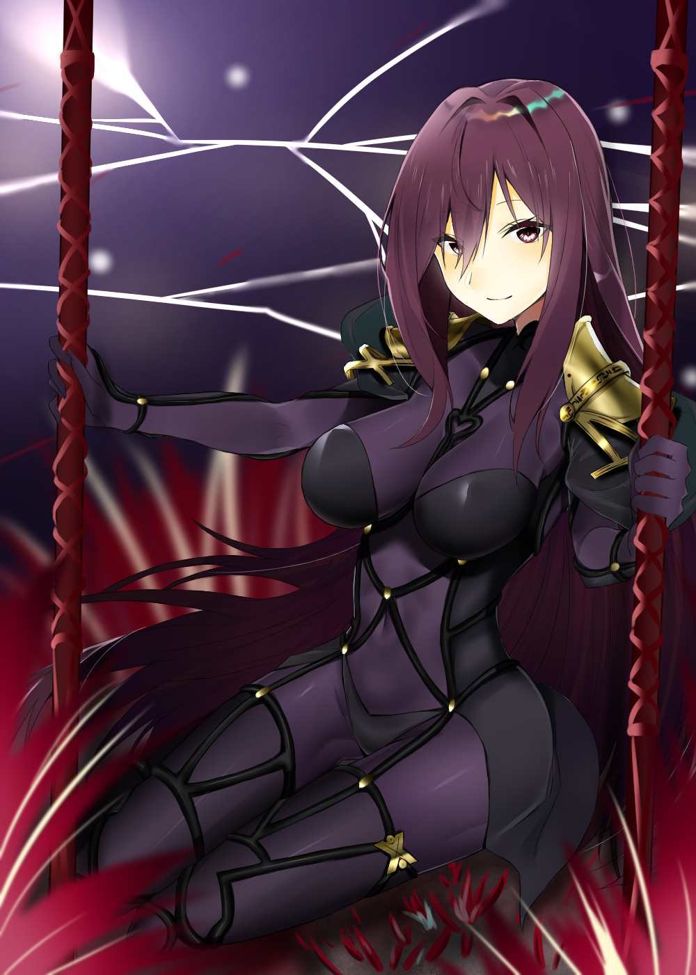 1girl armor blush bodysuit breasts fate/grand_order fate_(series) gae_bolg highres holding holding_weapon long_hair looking_at_viewer purple_hair scathach_(fate/grand_order) shirasu_(kaduki1kaduki) shoulder_armor smile solo violet_eyes weapon
