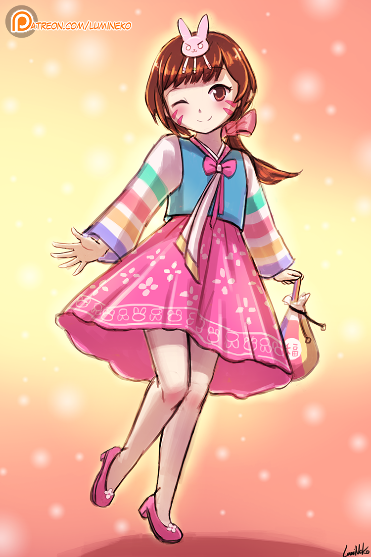 1girl alternate_costume artist_name blush brown_eyes brown_hair bunny_hair_ornament d.va_(overwatch) gradient gradient_background hair_ornament hair_ribbon hanbok holding korean_clothes light_particles long_hair long_sleeves looking_at_viewer lumineko orange_background overwatch palanquin_d.va patreon pink_shoes ponytail ribbon shoes signature sketch smile solo traditional_clothes watermark web_address whisker_markings yellow_background younger