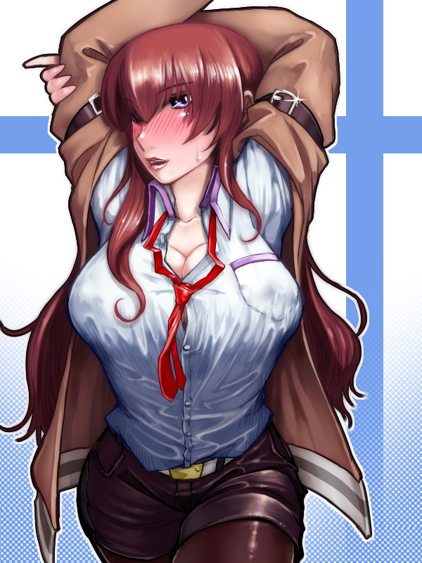 1girl blush breasts brown_hair bursting_breasts cleavage large_breasts long_hair looking_at_viewer makise_kurisu misonou_hirokichi open_mouth solo steins;gate violet_eyes