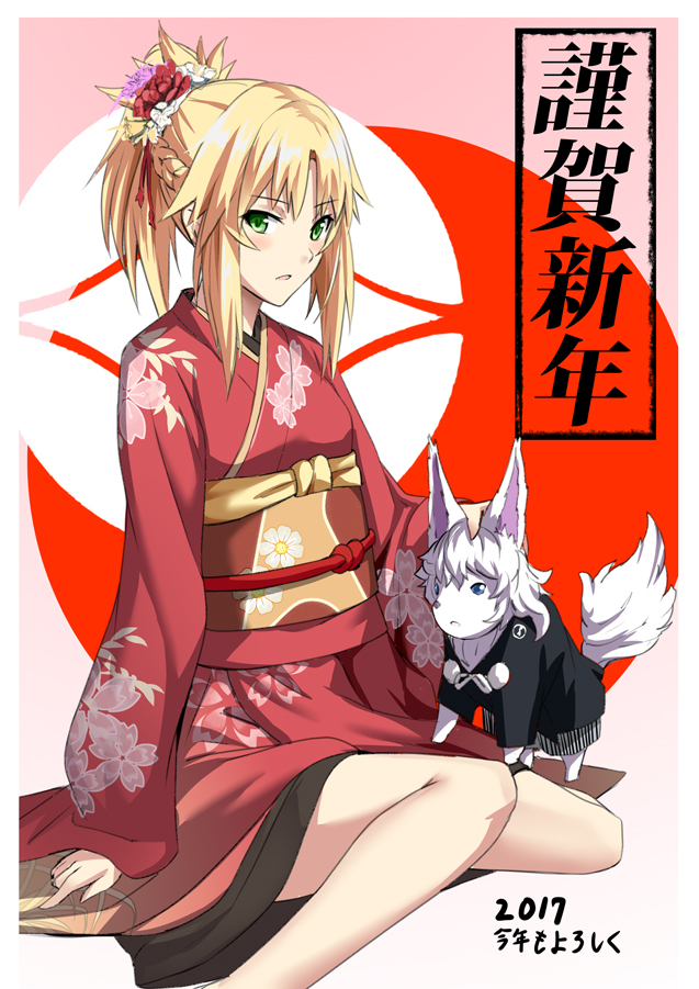 1girl 2017 blonde_hair blush fate/apocrypha fate/grand_order fate_(series) fou_(fate/grand_order) hirame_sa japanese_clothes kimono long_hair looking_at_viewer ponytail saber_of_red solo