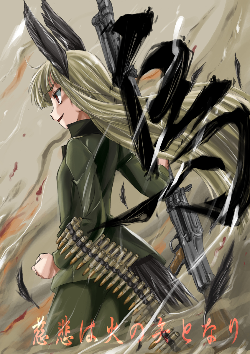 1girl action animal_ears bangs black_legwear blonde_hair blunt_bangs feathers from_behind green_jacket grete_m_gollob grin gun highres jacket kanji long_hair long_sleeves machine_gun mg42 military military_uniform pantyhose parted_lips red_eyes smile solo standing tail translation_request uniform wanyan_aguda weapon wind world_witches_series