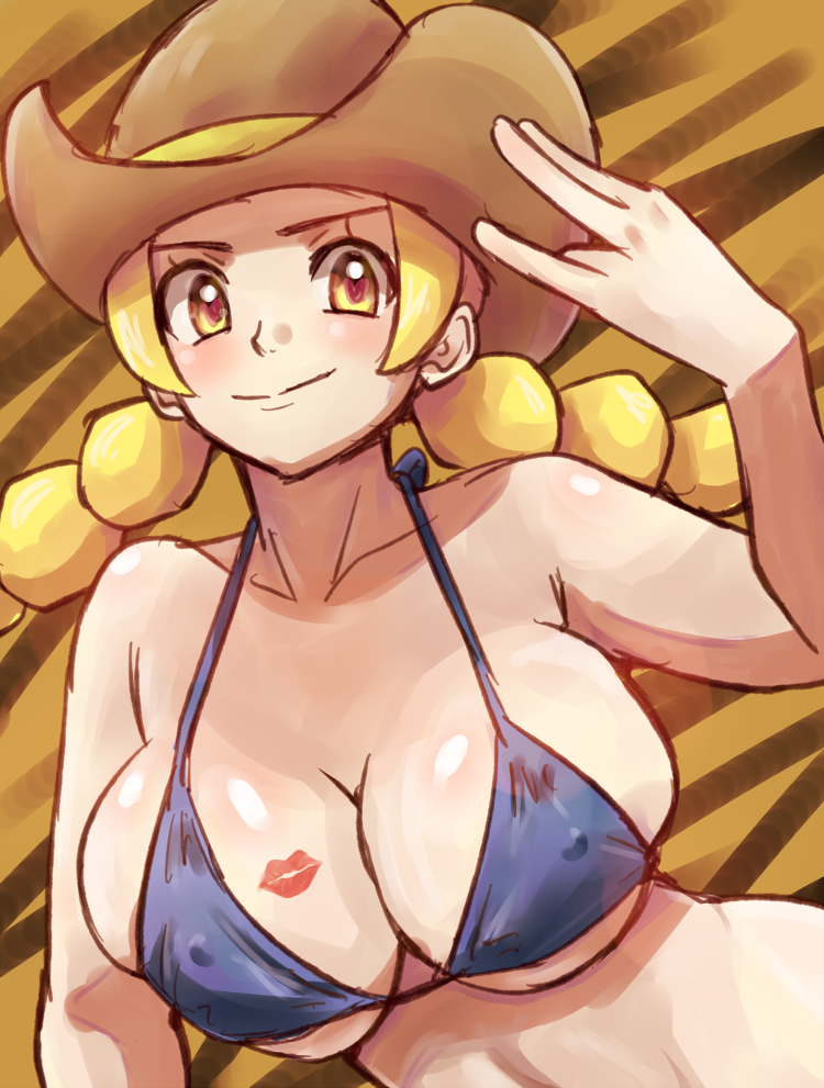 &gt;:) 1girl bare_arms bare_shoulders bikini blonde_hair blue_bikini blush breasts brown_hat cleavage closed_mouth cowboy_hat deep_skin erect_nipples hat heart heart-shaped_pupils large_breasts lipstick_mark long_hair midriff nakaba npc npc_trainer pokemon pokemon_(game) pokemon_breeder_(pokemon) pokemon_sm shiny shiny_skin solo swimsuit symbol-shaped_pupils twintails under_boob yellow_eyes