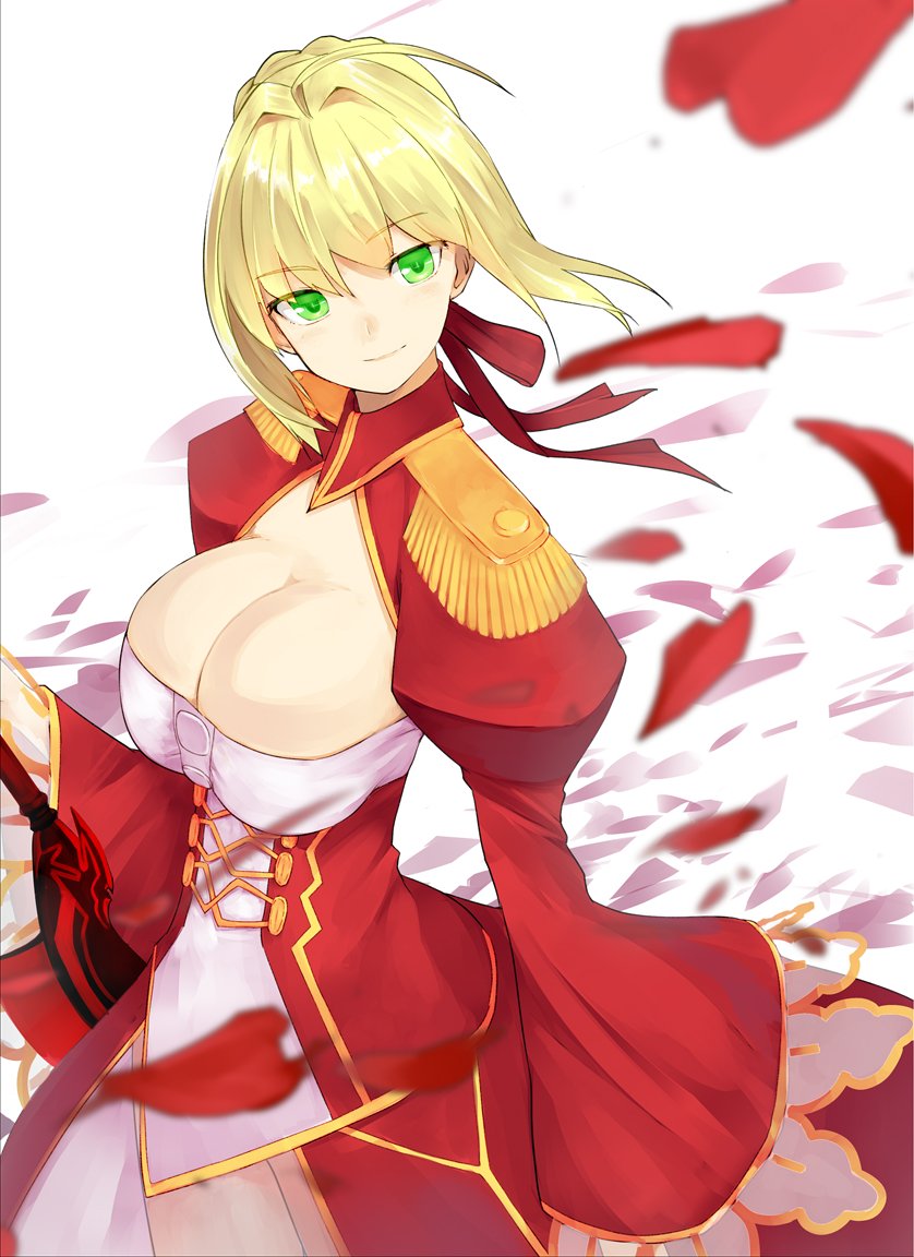 1girl aestus_estus ahoge bangs blonde_hair blurry blush braid breasts cleavage closed_mouth depth_of_field dress epaulettes eyebrows_visible_through_hair fate/extra fate_(series) floating_hair french_braid from_side green_eyes hair_between_eyes hair_intakes hair_ribbon hand_up holding holding_sword holding_weapon juliet_sleeves lace-trimmed_sleeves large_breasts long_sleeves looking_at_viewer pen_(pen3) petals puffy_sleeves red_dress red_ribbon ribbon saber_extra short_hair_with_long_locks sidelocks simple_background smile solo standing sword tsurime weapon white_background