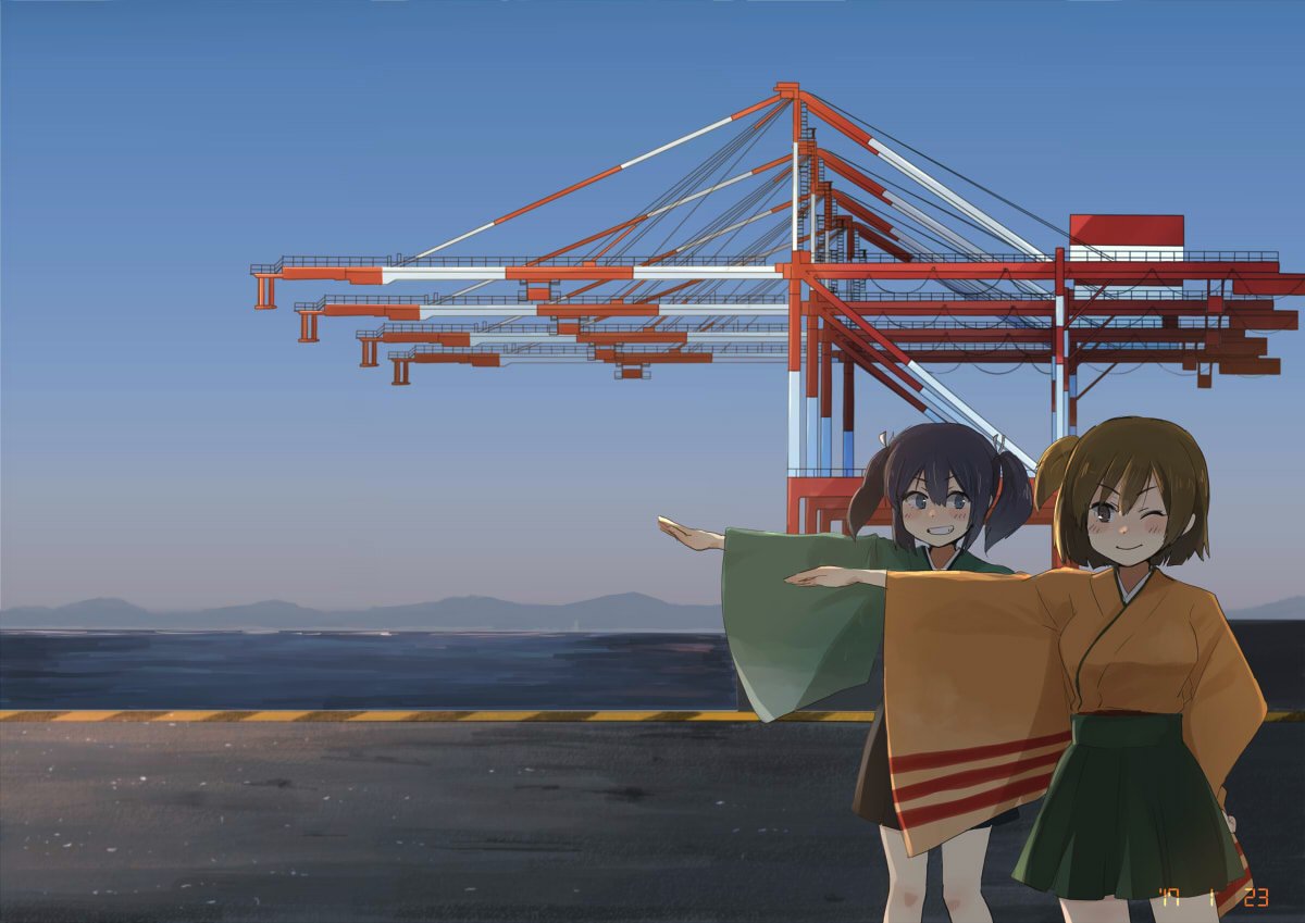 2017 2girls annin_musou arm_up black_hair breasts brown_eyes brown_hair comic commentary_request concrete crane dated dock fog green_eyes green_kimono grin hair_ribbon hakama hand_on_hip hazard_stripes hiryuu_(kantai_collection) japanese_clothes kantai_collection kimono large_breasts long_sleeves mountain multiple_girls ocean one_eye_closed ribbon short_hair side_ponytail sky smile souryuu_asuka_langley thigh-highs twintails white_legwear wide_sleeves yellow_kimono