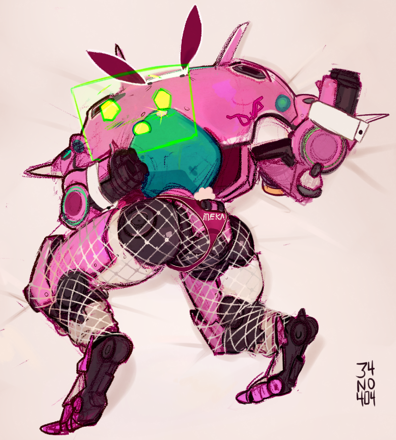 34no404 animal_ears ass fishnet_pantyhose fishnets holographic_monitor mecha meka_(overwatch) no_humans overwatch panties pantyhose pink_panties rabbit_ears solo thong topless underwear what