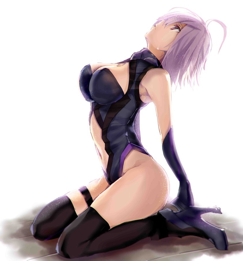 1girl ahoge arched_back arm_support armadillo-tokage armpits bangs black_gloves black_legwear black_leotard breasts cleavage cleavage_cutout crying crying_with_eyes_open elbow_gloves fate/grand_order fate_(series) female from_side gloves hair_over_one_eye head_back high_heels large_breasts lavender_hair legband legs looking_up mash_kyrielight mashu_kyrielite navel navel_cutout parted_lips seiza shielder_(fate/grand_order) short_hair simple_background sitting solo tears thigh-highs violet_eyes white_background